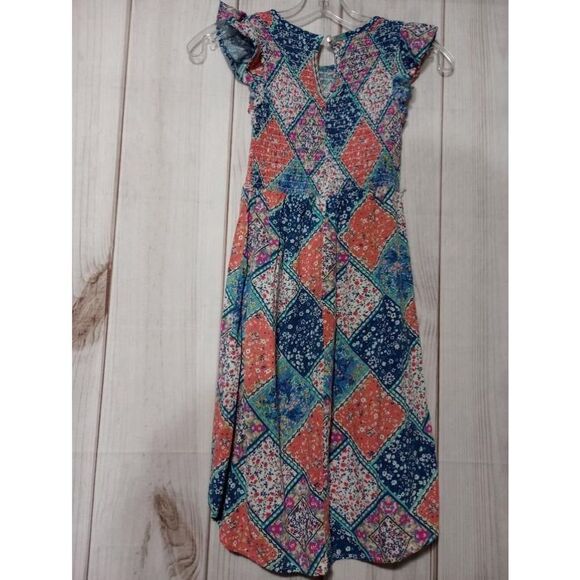 Justice Dress Girls 8 Blue Orange Floral Patch Work - Picture 2 of 7